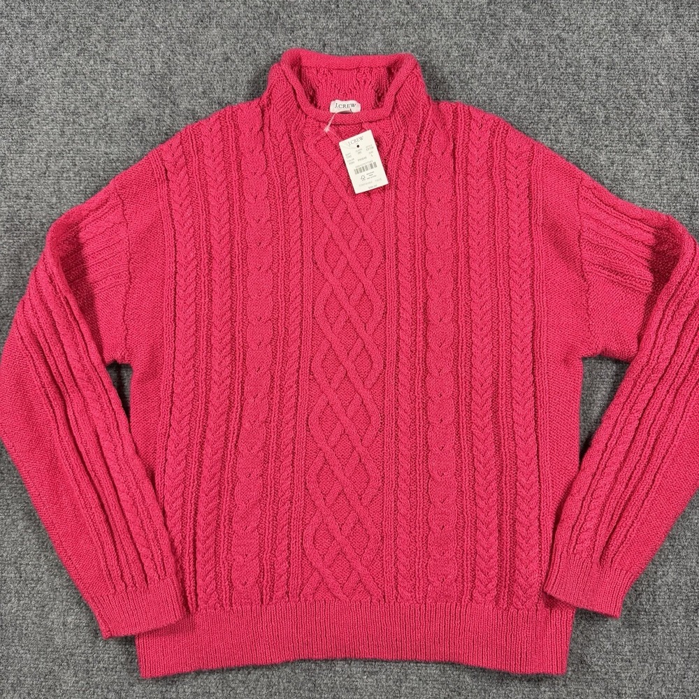 J Crew Sweater Womens Large Berry Pink Fisherman Cable Knit Roll Neck NEW
